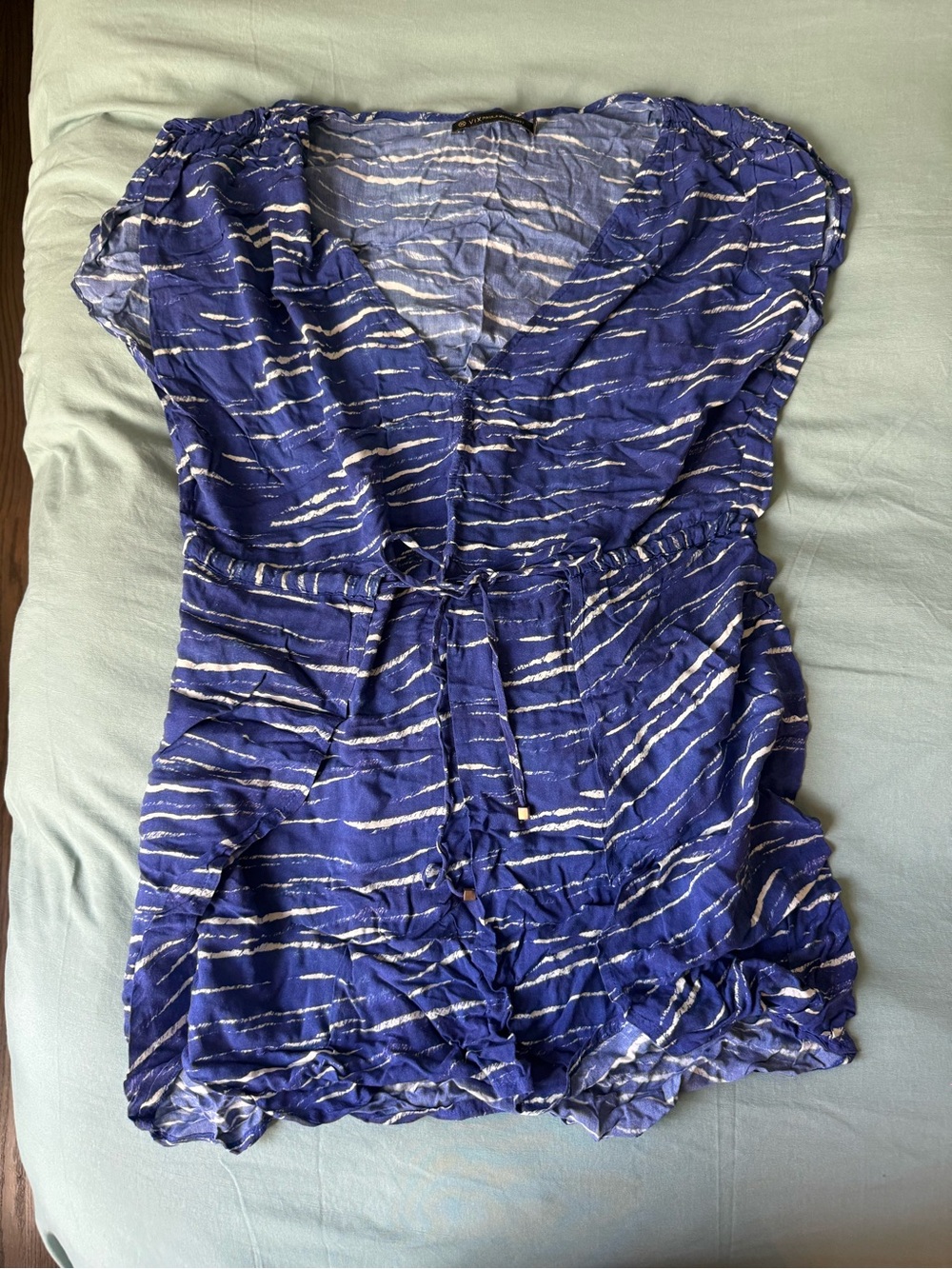 Vix Paula Hermanny Blue Striped V-Neck Swim Coverup with Waist Tie